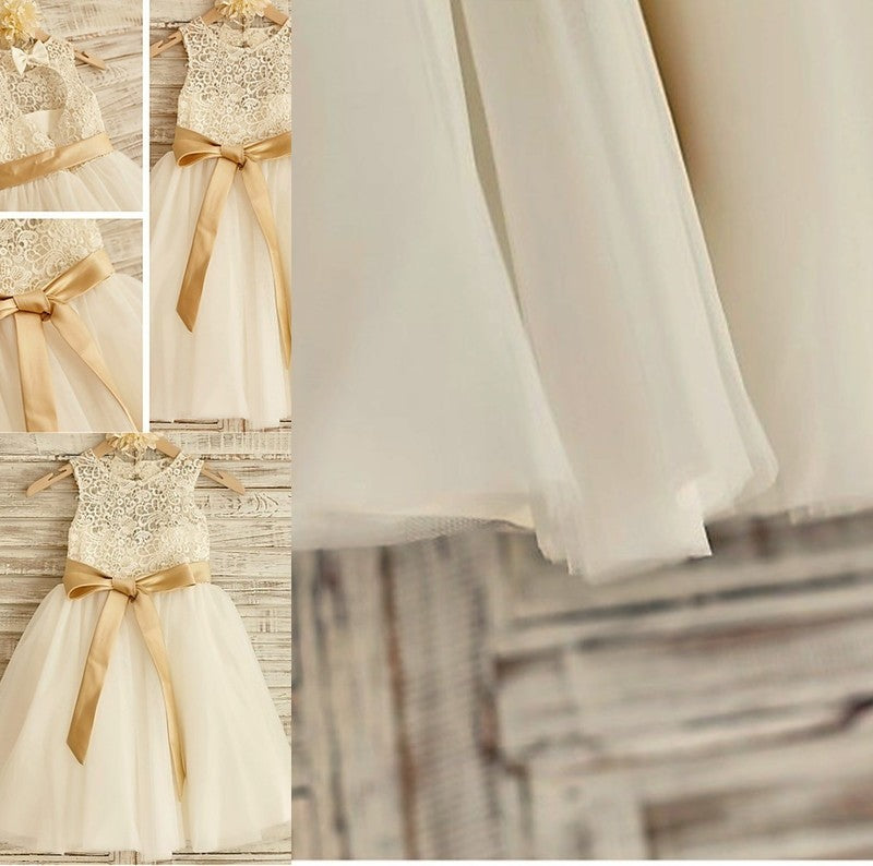 Scoop Knee-Length A-line/Princess Sleeveless Tulle Bowknot Flower Girl Dresses