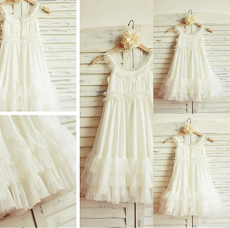 Chiffon Ruffles Sleeveless A-line/Princess Tea-Length Straps Flower Girl Dresses