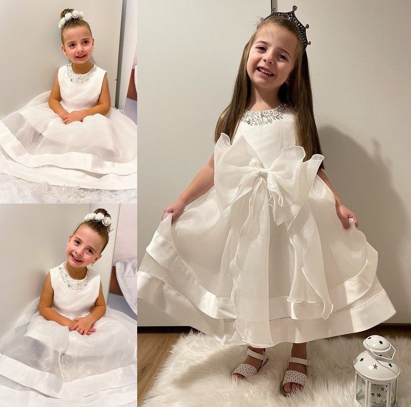 Satin Jewel Sleeveless Tea-Length A-Line/Princess Bowknot Flower Girl Dresses