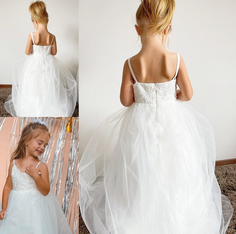 Lace Straps Gown Ball Sleeveless Floor-Length Tulle Flower Girl Dresses