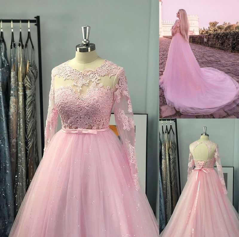 Gown Jewel Long Sleeves Tulle Ball Lace Sweep/Brush Train Dresses