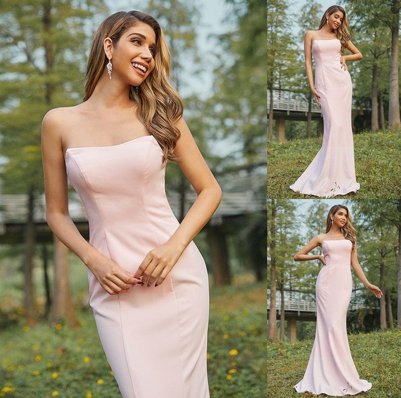 Stretch Strapless Sleeveless Sheath/Column Crepe Sweep/Brush Ruched Train Bridesmaid Dresses