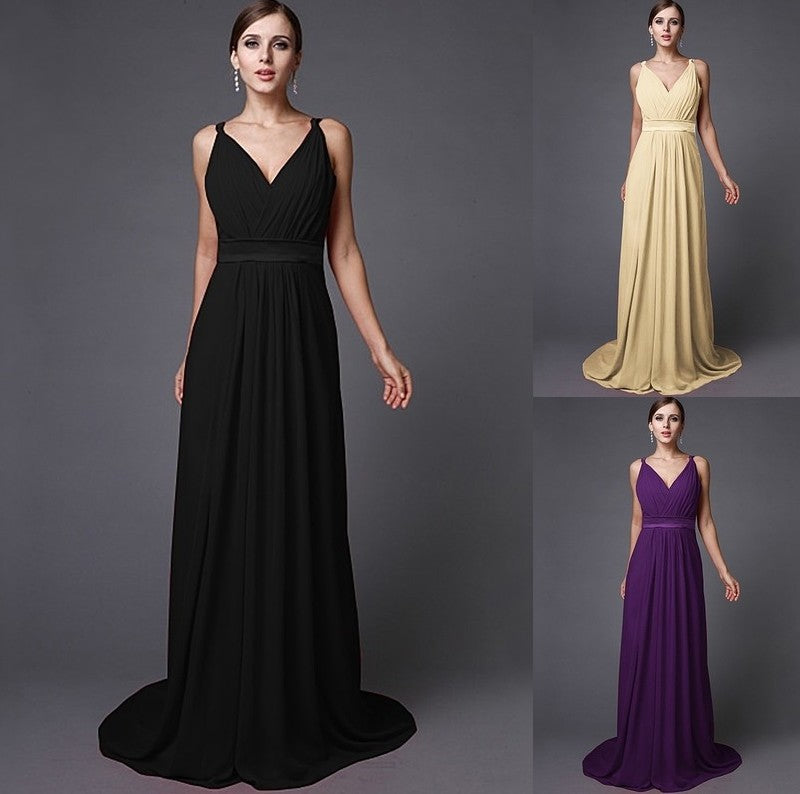 Long Ruffles A-Line/Princess Sleeveless V-neck Chiffon Bridesmaid Dresses