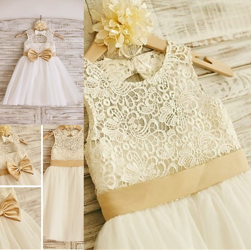 Sleeveless Bowknot Tulle A-line/Princess Scoop Knee-Length Flower Girl Dresses