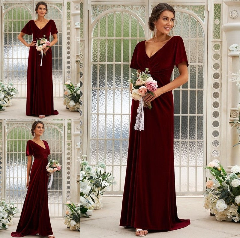 Sweep/Brush Velvet Ruched Sleeves A-Line/Princess V-neck Short Train Bridesmaid Dresses