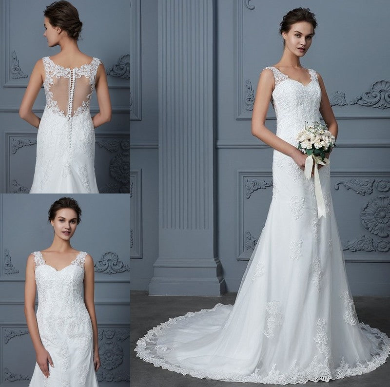 Trumpet/Mermaid Train Lace Sleeveless V-neck Court Tulle Wedding Dresses