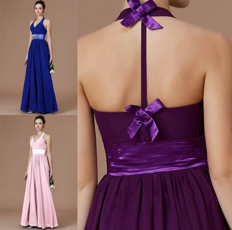 Floor-Length Sleeveless Halter A-Line/Princess Sash/Ribbon/Belt Chiffon Bridesmaid Dresses