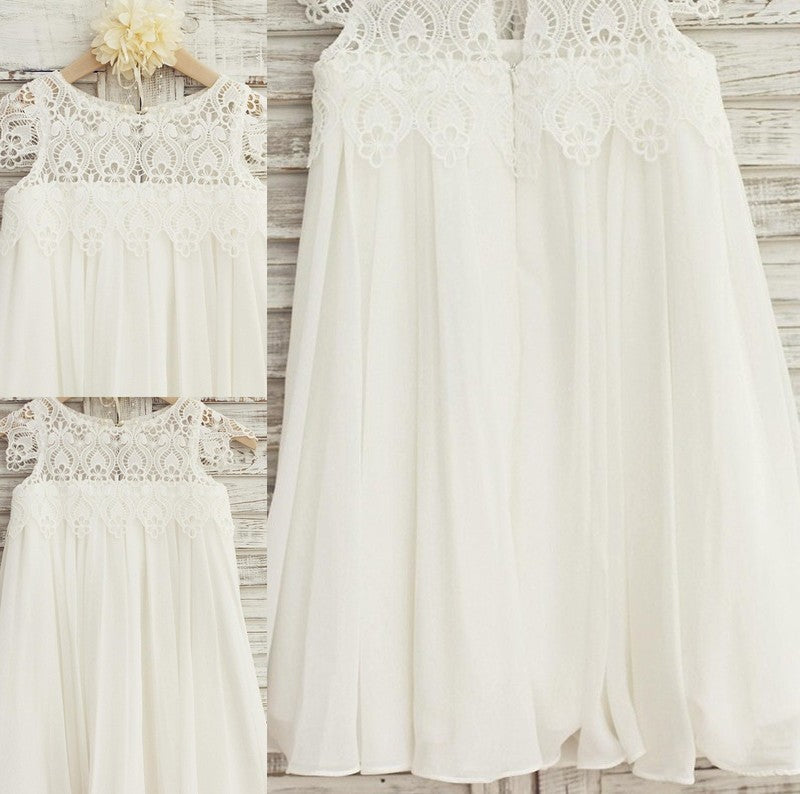 A-Line/Princess Scoop Short Lace Knee-Length Chiffon Sleeves Flower Girl Dresses