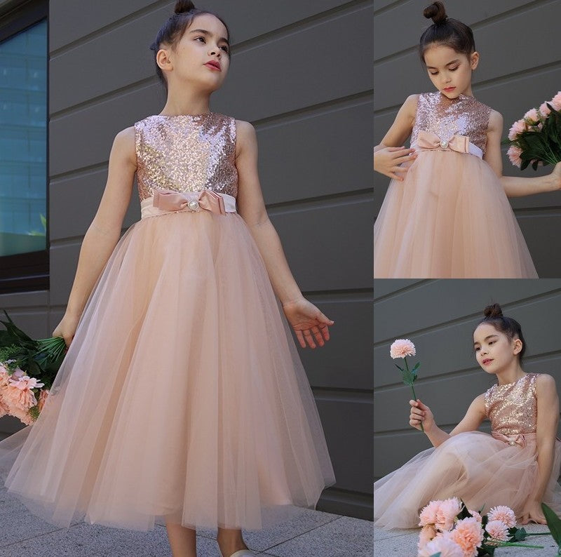 Sleeveless Tulle A-Line/Princess Scoop Bowknot Tea-Length Flower Girl Dresses