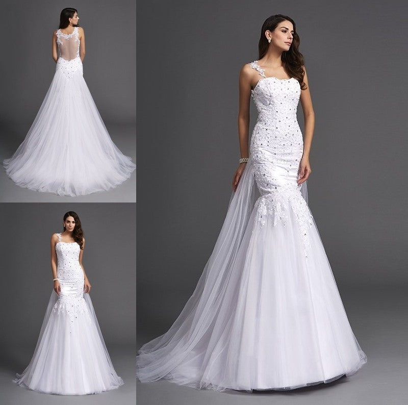 Straps Beading Long Trumpet/Mermaid Sleeveless Net Wedding Dresses