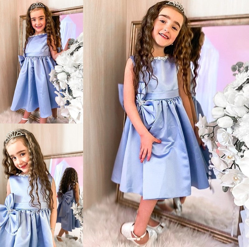 Sleeveless Satin Scoop Bowknot A-Line/Princess Knee-Length Flower Girl Dresses