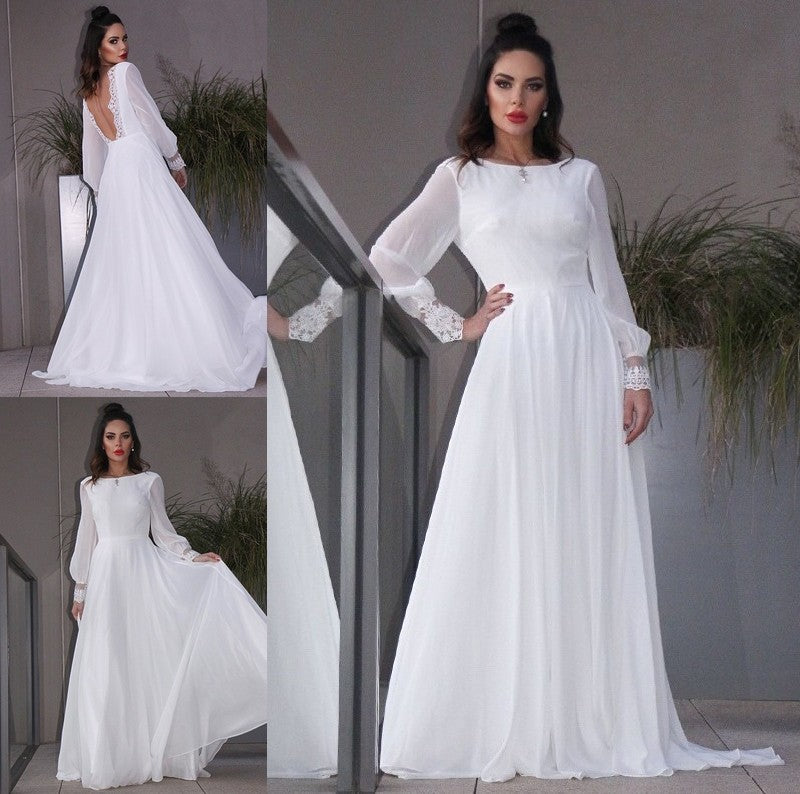 Sleeves Scoop Chiffon A-Line/Princess Sweep/Brush Ruffles Long Train Wedding Dresses