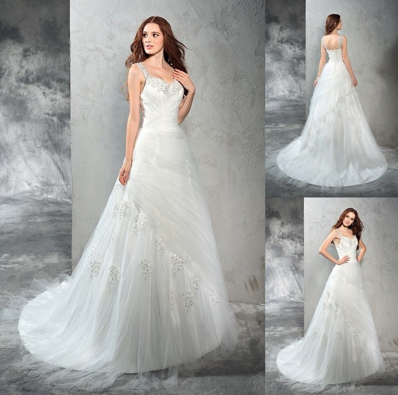 Straps Sleeveless Long Ball Gown Applique Net Wedding Dresses