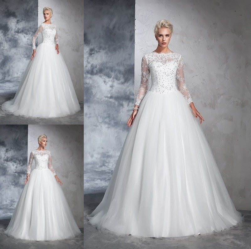 Long Bateau Long Ball Gown Lace Sleeves Net Wedding Dresses