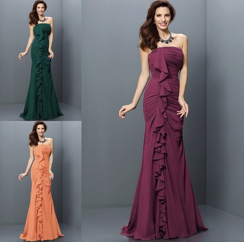 Trumpet/Mermaid Pleats Strapless Sleeveless Long Chiffon Bridesmaid Dresses