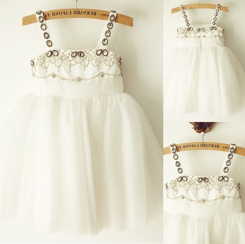 Tulle A-Line/Princess Knee-Length Straps Sleeveless Beading Flower Girl Dresses