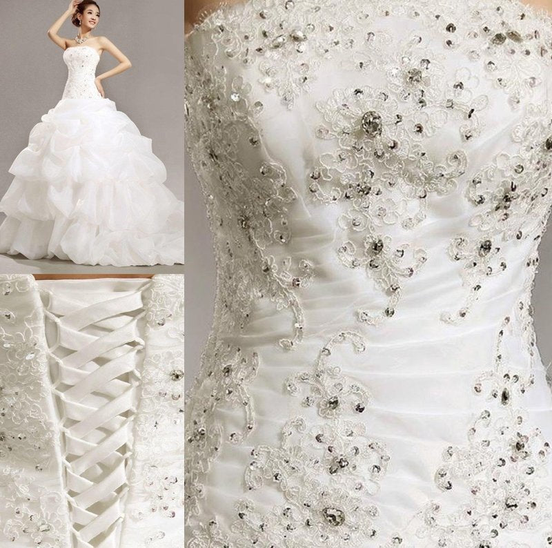 Train Sleeveless Pleats Gown Strapless Ball Beading Lace Cathedral Organza Wedding Dresses