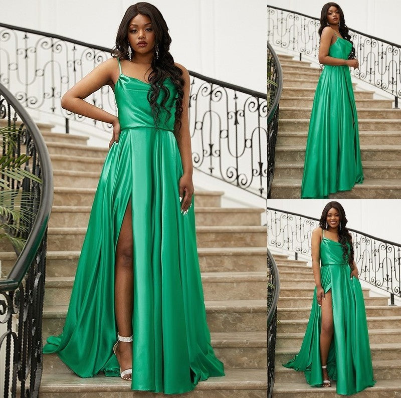 Sleeveless Silk like Satin A-Line/Princess Straps Ruffles Spaghetti Sweep/Brush Train Dresses