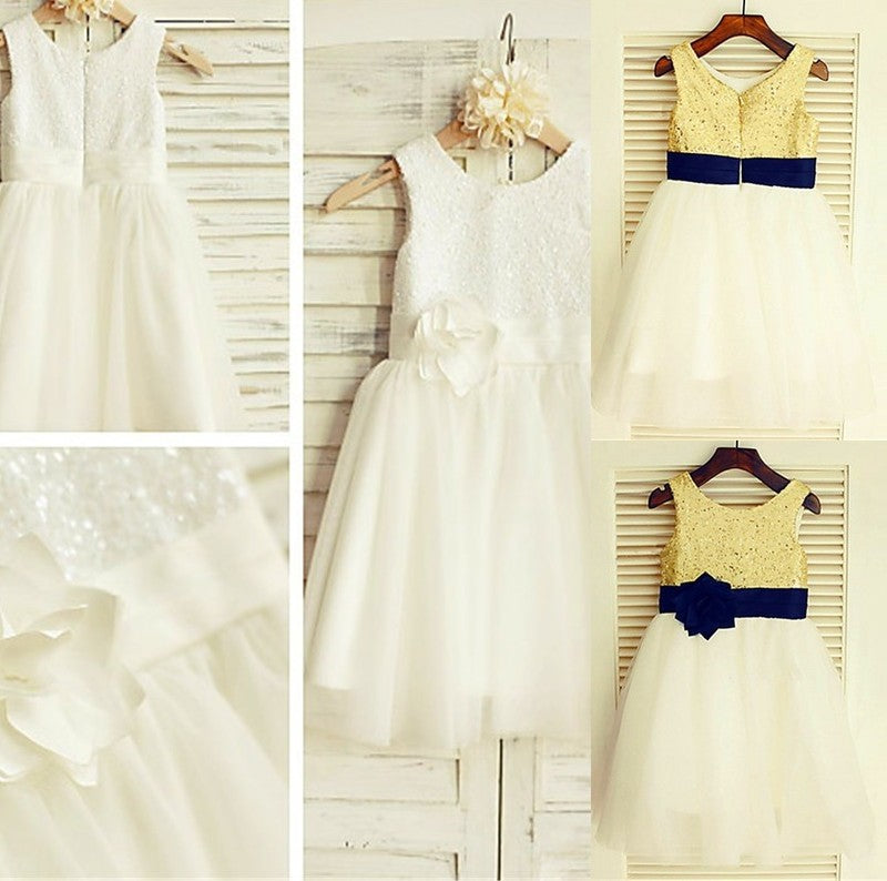 A-line/Princess Scoop Sleeveless Tulle Sequin Knee-Length Flower Girl Dresses