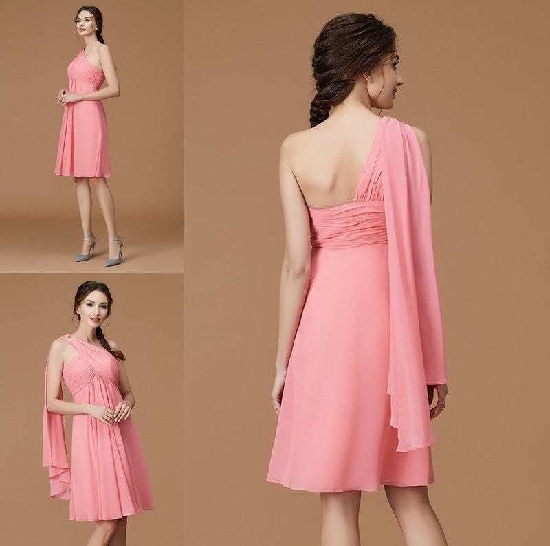 Sleeveless Ruched Short/Mini A-Line/Princess One-Shoulder Chiffon Bridesmaid Dresses