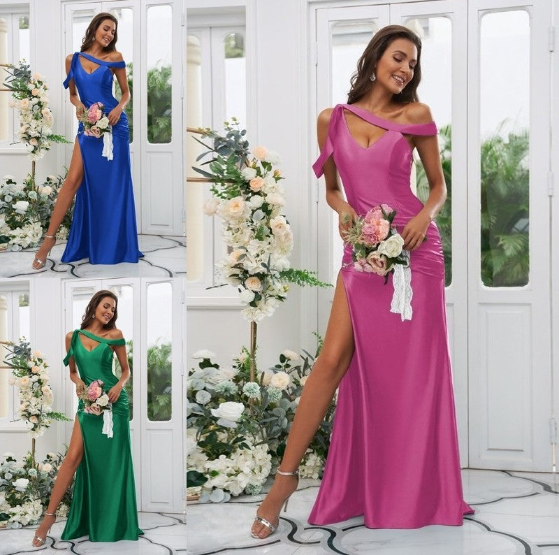 Sweep/Brush Sheath/Column Ruched Sleeveless Charmeuse Off-the-Shoulder Train Bridesmaid Dresses