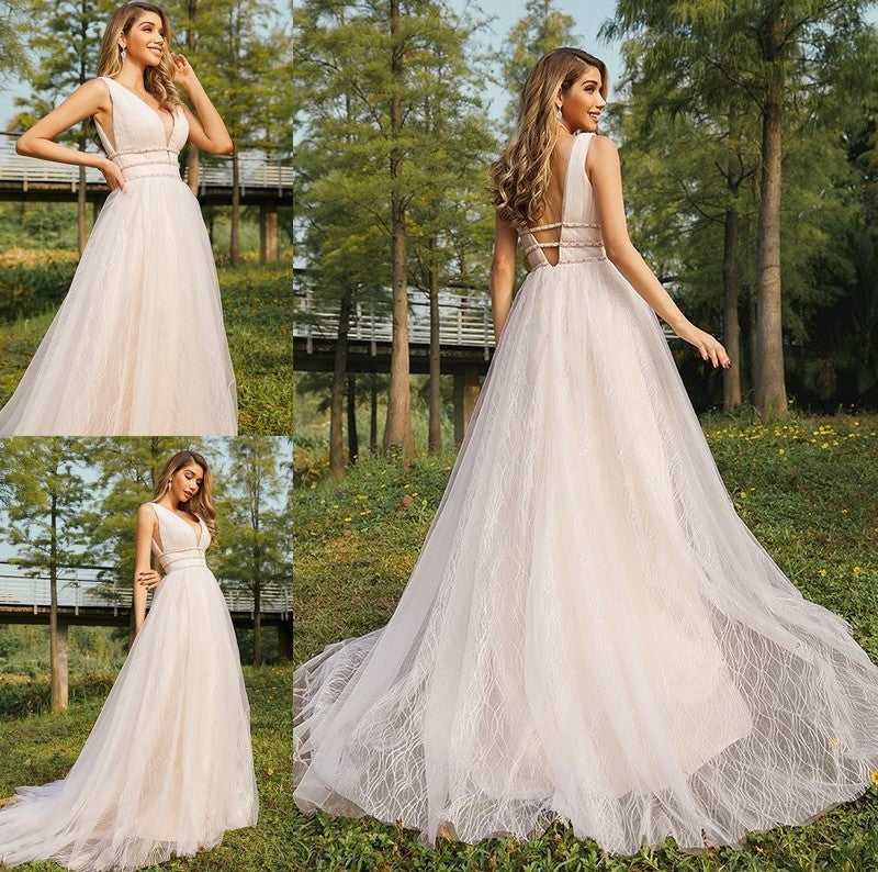 V-neck Ruffles Tulle Sleeveless Sweep/Brush A-Line/Princess Train Wedding Dresses