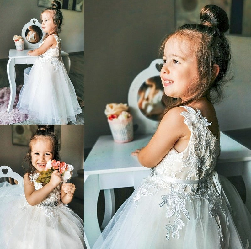 Sleeveless V-neck Lace Ankle-Length Tulle A-Line/Princess Flower Girl Dresses