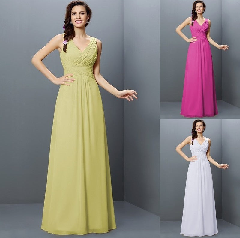 V-neck Long Sleeveless A-Line/Princess Pleats Chiffon Bridesmaid Dresses