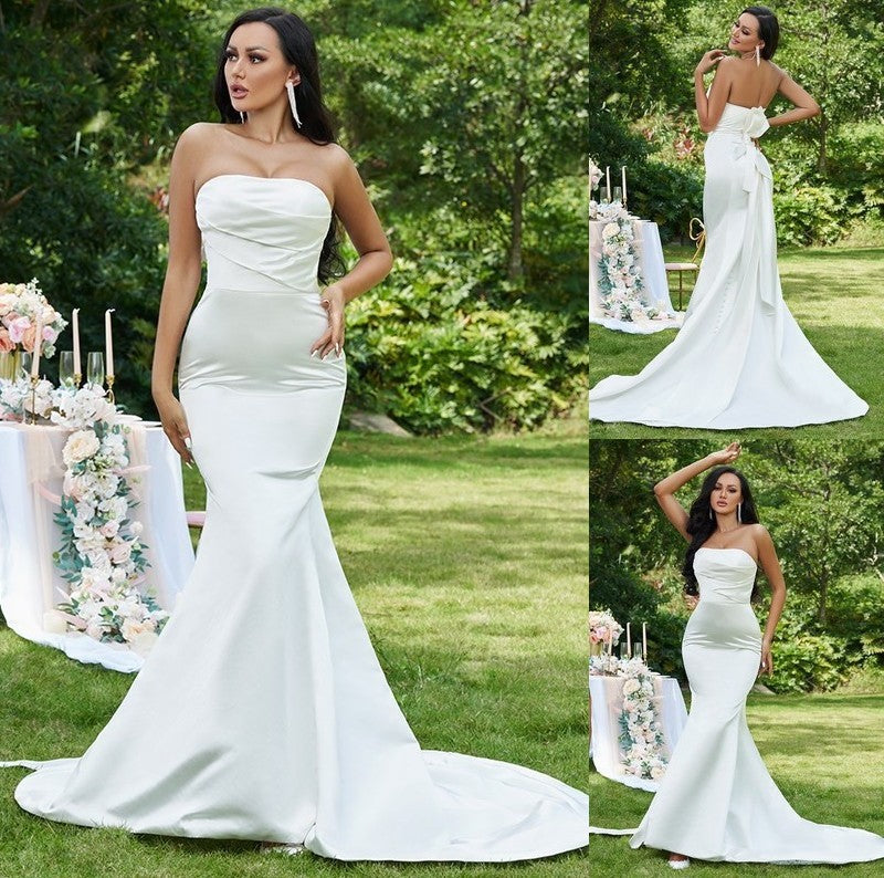 Sleeveless Sweep/Brush Strapless Satin Ruched Trumpet/Mermaid Train Wedding Dresses