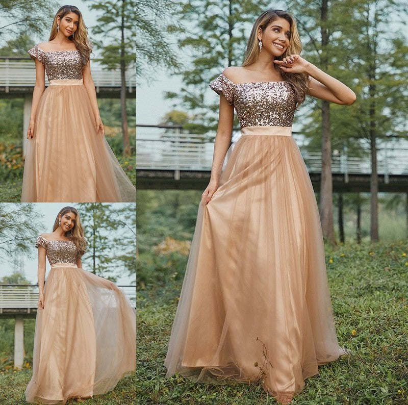 A-Line/Princess Off-the-Shoulder Tulle Sequin Sleeveless Floor-Length Bridesmaid Dresses