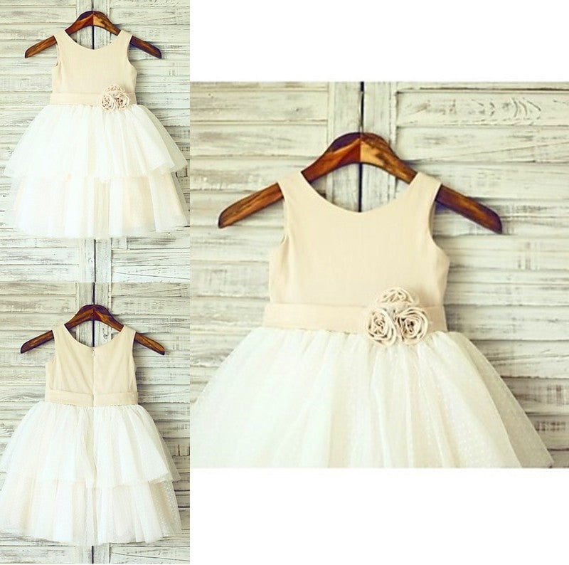 Straps Hand-made A-line/Princess Sleeveless Tea-Length Flower Tulle Flower Girl Dresses