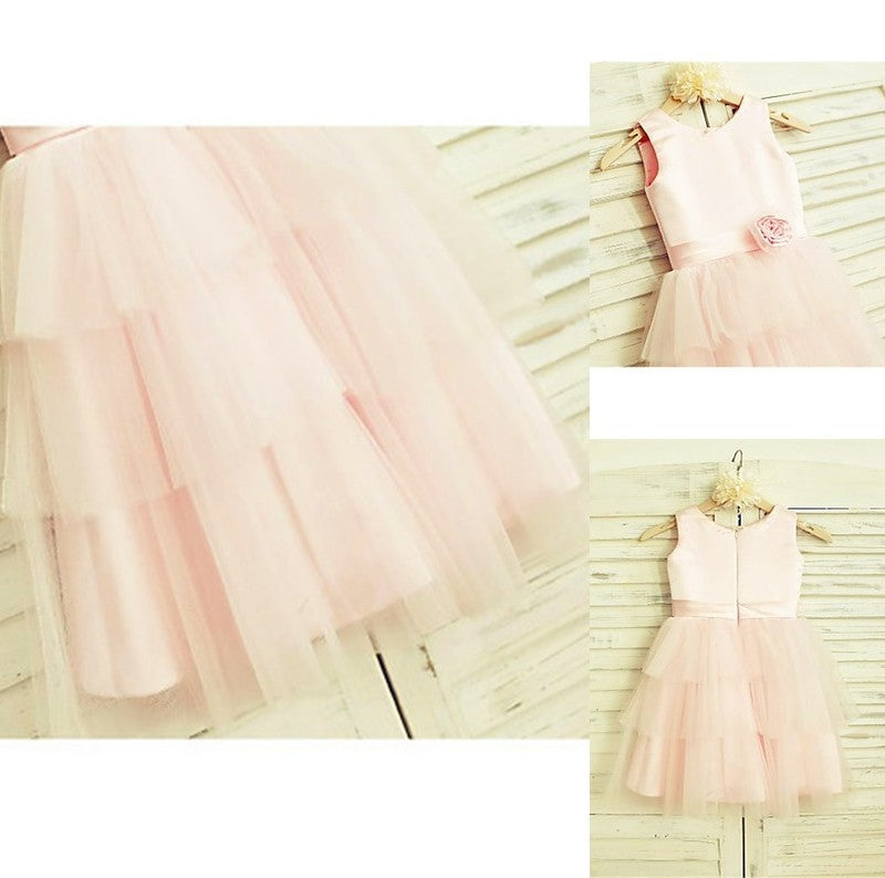 Tulle Hand-made Tea-Length A-line/Princess Sleeveless Flower Scoop Flower Girl Dresses