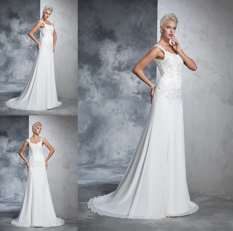 Sleeveless Beading A-Line/Princess Straps Long Chiffon Wedding Dresses