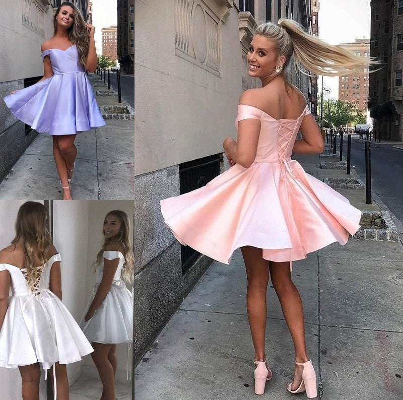 Satin A-Line/Princess Sleeveless Ruffles Off-the-Shoulder Short/Mini Homecoming Dress