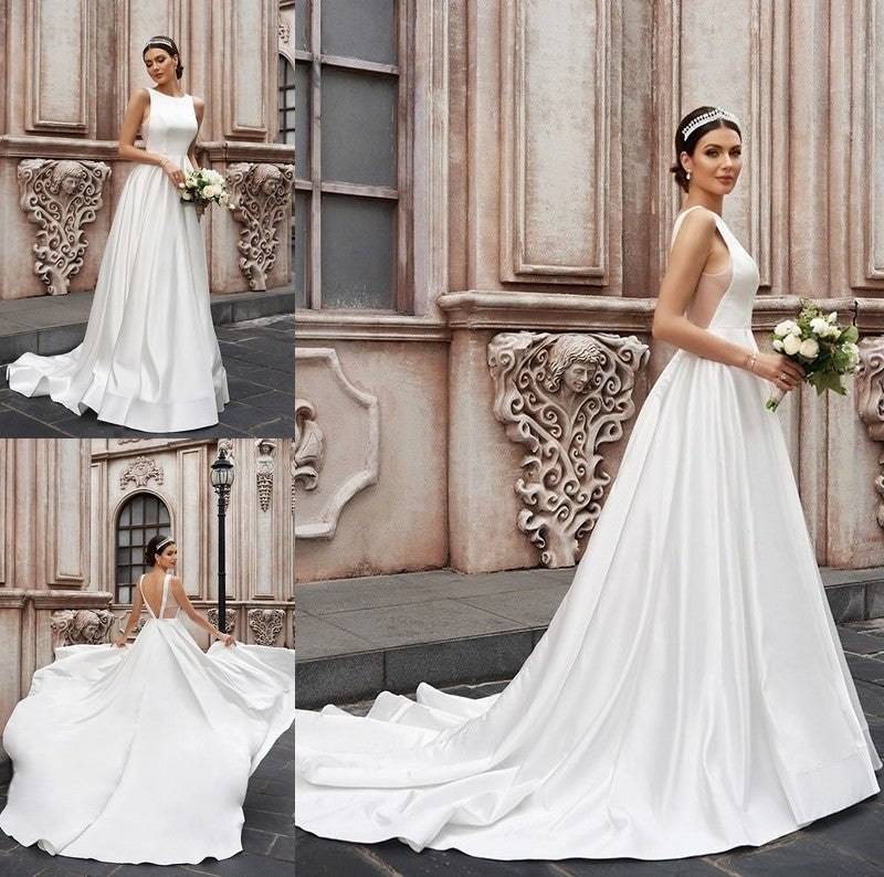 Sweep/Brush Ruffles Sleeveless A-Line/Princess Satin Scoop Train Wedding Dresses