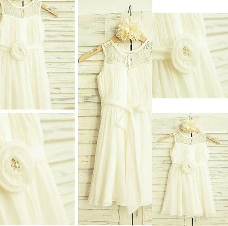 Chiffon Tea-Length Hand-made Sleeveless Scoop A-line/Princess Flower Flower Girl Dresses