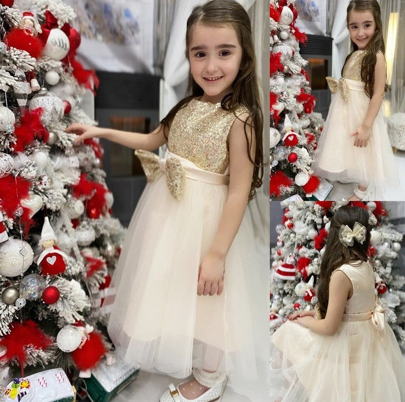 A-Line/Princess Scoop Tea-Length Bowknot Tulle Sleeveless Flower Girl Dresses