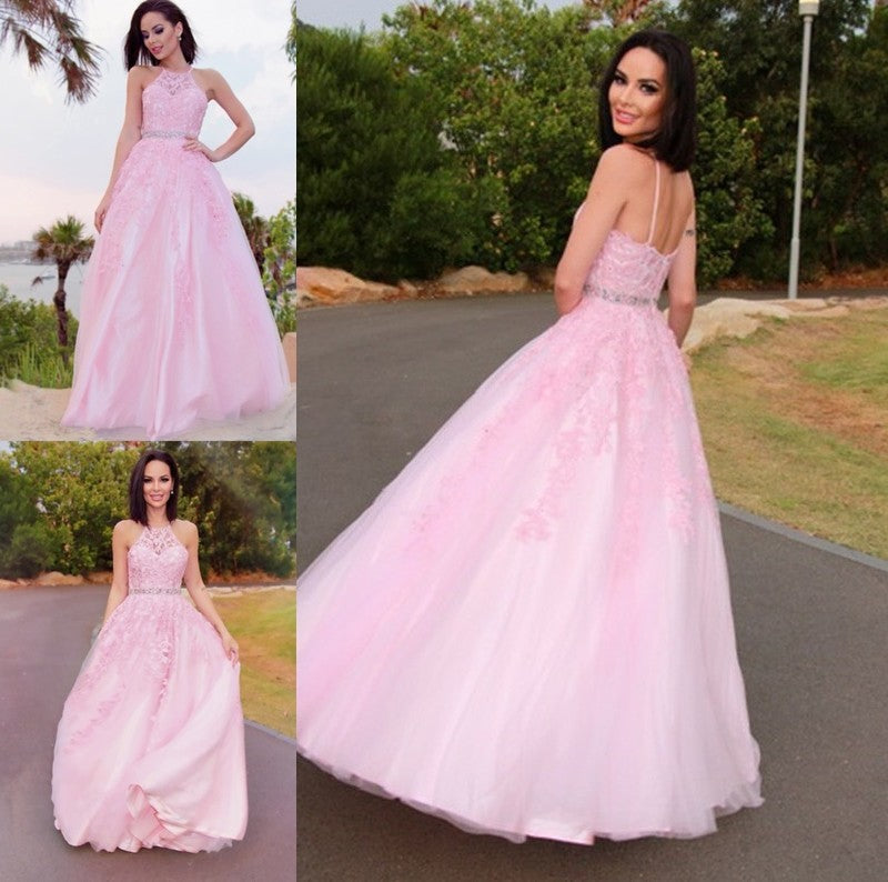 Halter A-Line/Princess Tulle Applique Sleeveless Floor-Length Dresses