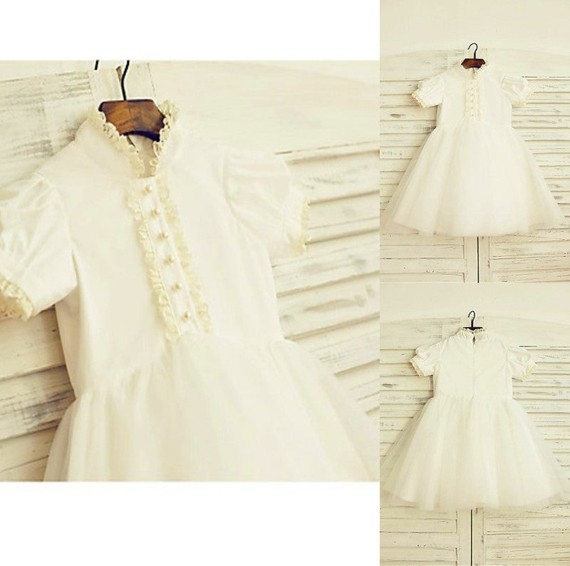 Tulle Tea-Length Sleeves Short Lace A-line/Princess High Neck Flower Girl Dresses