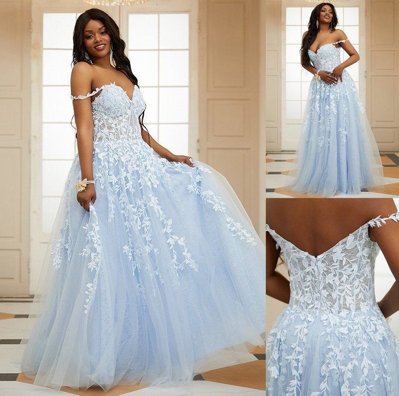 Sleeveless Off-the-Shoulder Tulle A-Line/Princess Applique Sweep/Brush Train Dresses