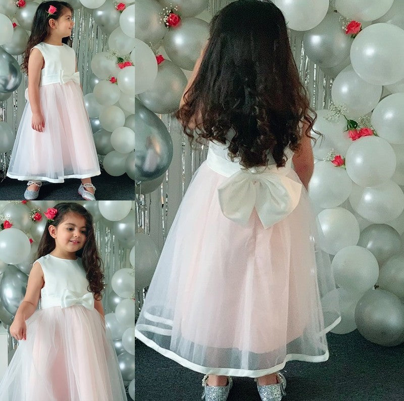 Sleeveless Tea-Length Bowknot Organza A-Line/Princess Scoop Flower Girl Dresses