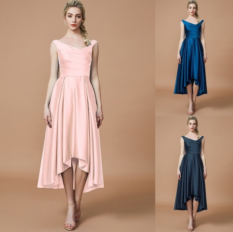 V-neck Asymmetrical A-Line/Princess Satin Sleeveless Bridesmaid Dresses