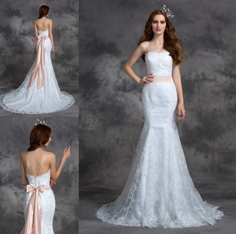 Trumpet/Mermaid Sash/Ribbon/Belt Long Sleeveless Strapless Lace Wedding Dresses