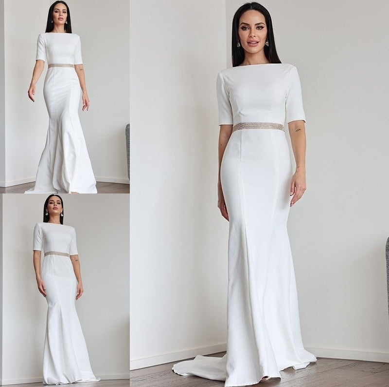 1/2 Stretch Sheath/Column Sweep/Brush Ruched Scoop Sleeves Crepe Train Wedding Dresses