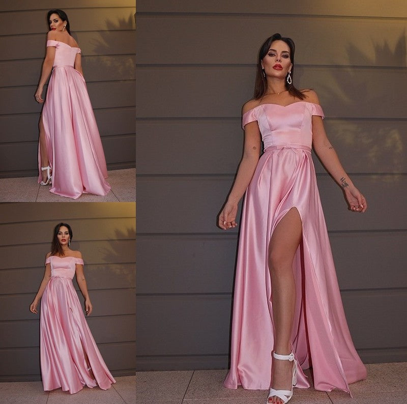 A-Line/Princess Sleeveless Ruffles Charmeuse Off-the-Shoulder Sweep/Brush Train Dresses