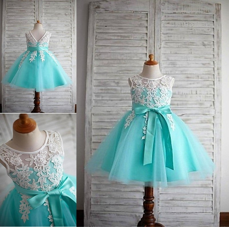 Sleeveless Knee-Length Bowknot Scoop Ball Gown Tulle Flower Girl Dresses