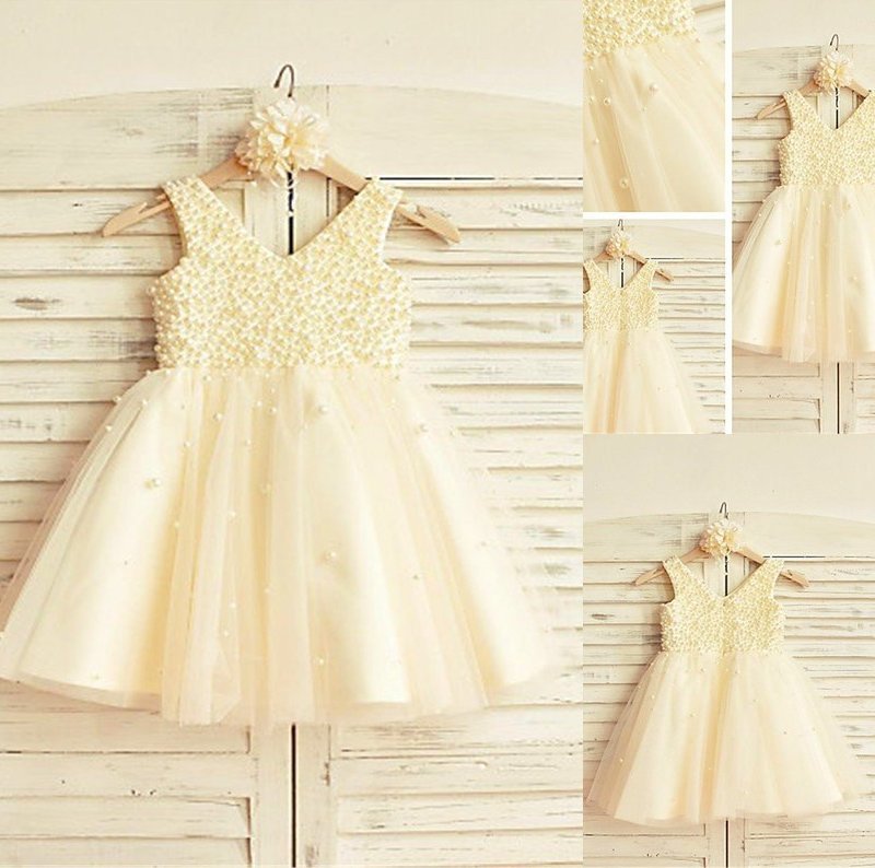 A-line/Princess Sleeveless V-neck Pearls Tea-Length Tulle Flower Girl Dresses