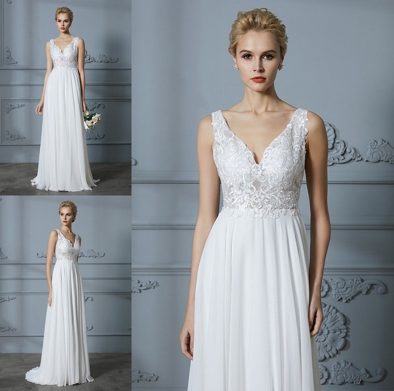 Train A-Line/Princess Sleeveless V-neck Sweep/Brush Chiffon Wedding Dresses