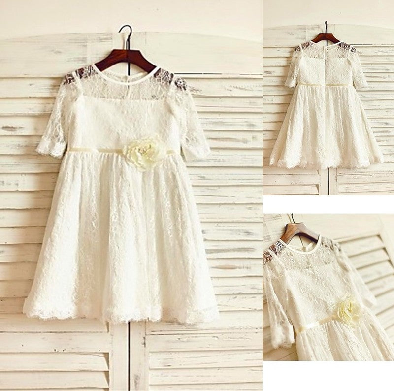 Lace Scoop A-line/Princess Ankle-Length Sleeves Hand-made 3/4 Flower Flower Girl Dresses