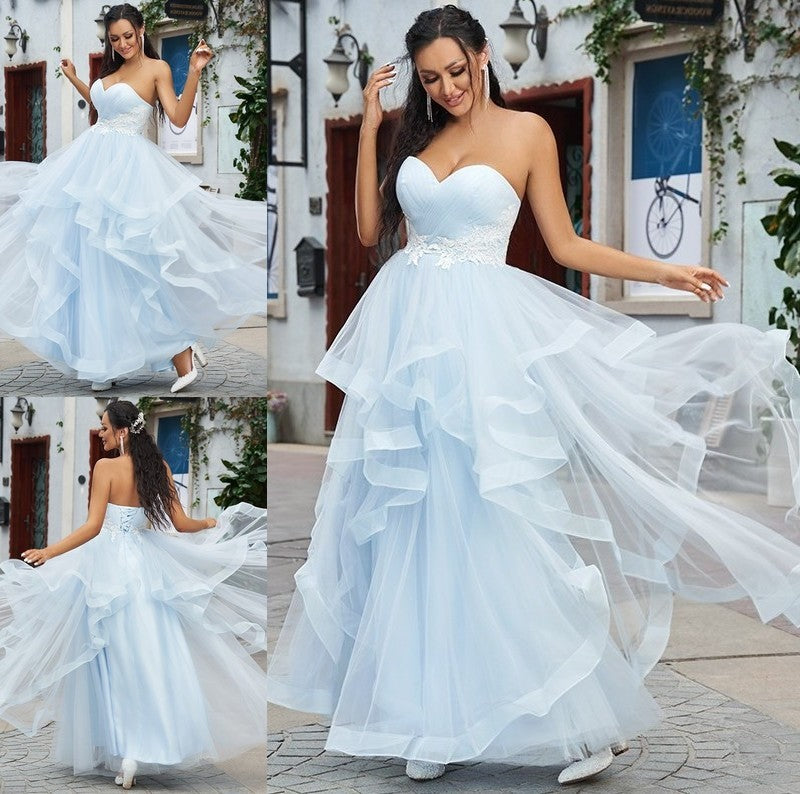 A-Line/Princess Sweetheart Applique Tulle Sleeveless Floor-Length Dresses